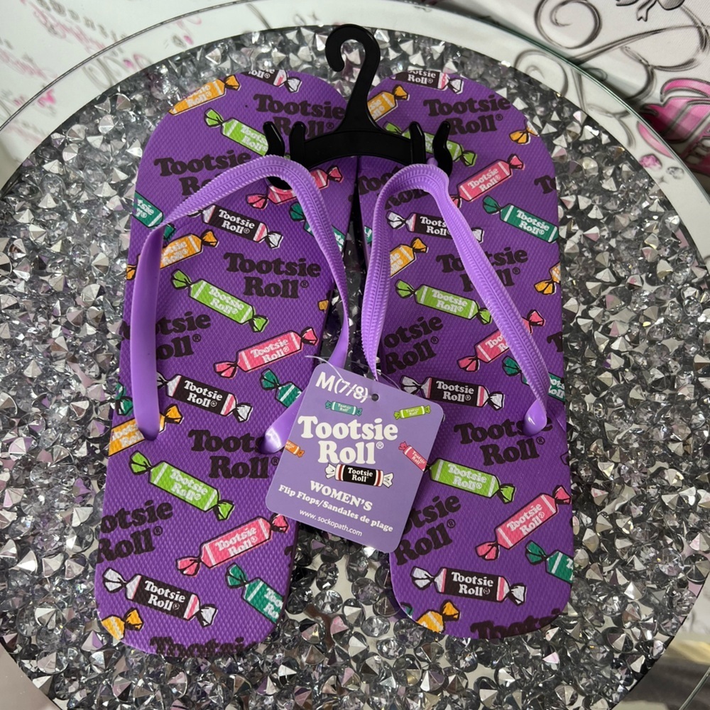 Tootsie Roll Purple Flip Flops size 7/8 candy sandals soft plush cushion